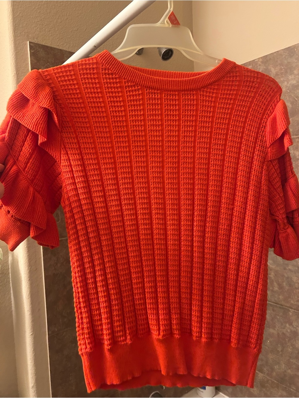 THML Bright Orange Ruffle Short Sleeve Knit Sweater